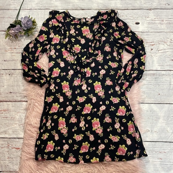 Zara Black Pink Floral Ruffle 3/4 Sleeve Mini Dress - Picture 2 of 9